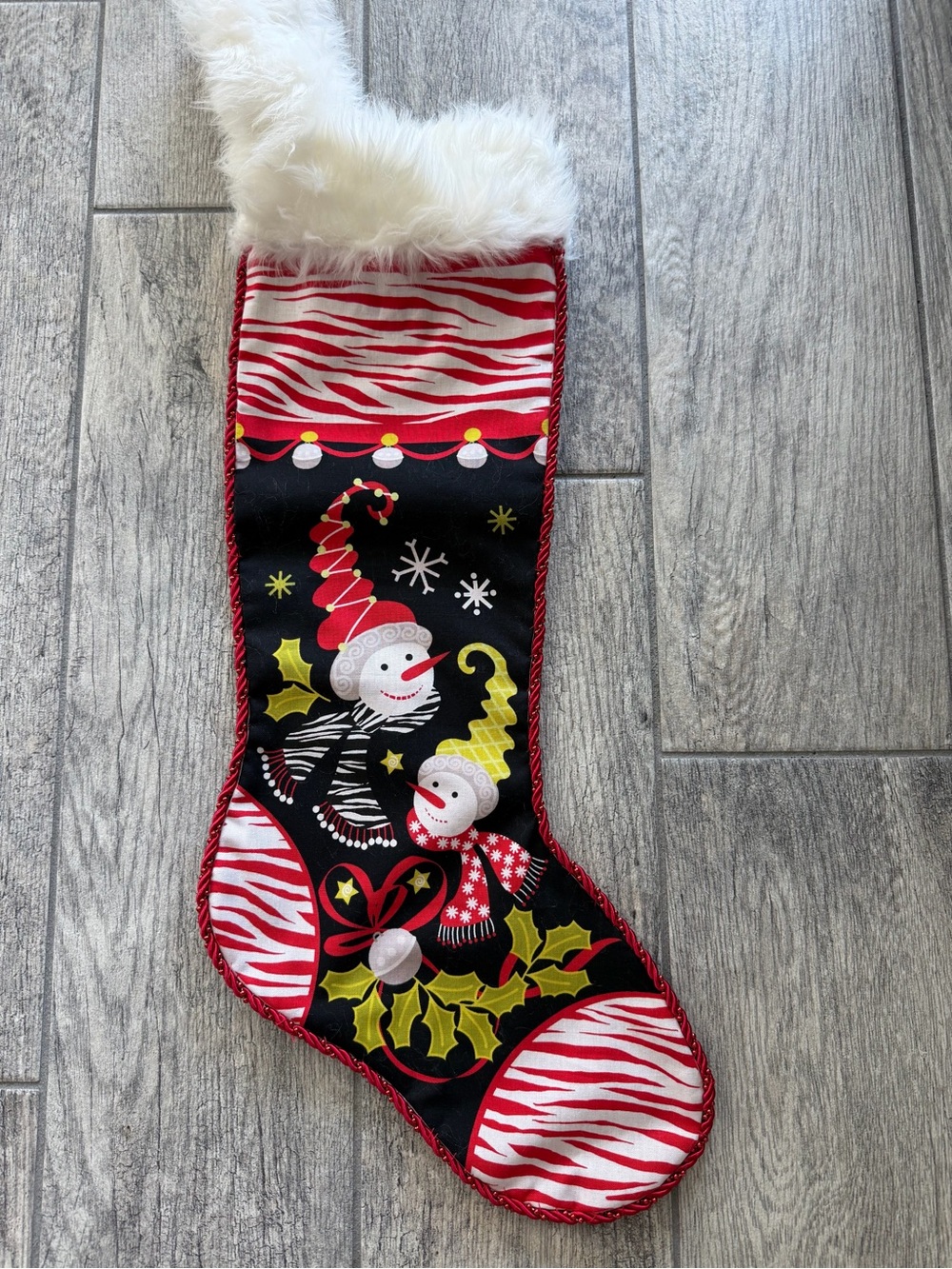 New Handmade Holiday Snowman Christmas Stocking with White Faux Fur Cuff